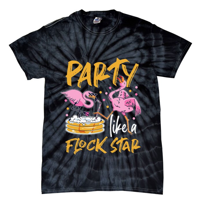 Party Like A Flock Star Flamingos In Kiddie Pool Tie-Dye T-Shirt