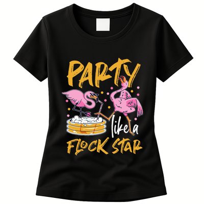 Party Like A Flock Star Flamingos In Kiddie Pool Womens T-Shirt