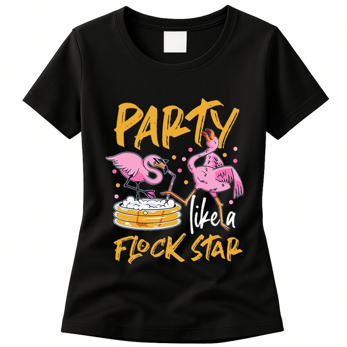 Party Like A Flock Star Flamingos In Kiddie Pool Womens T-Shirt