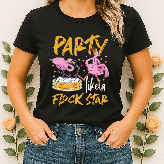 Party Like A Flock Star Flamingos In Kiddie Pool Womens T-Shirt