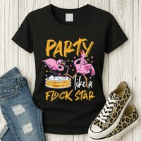Party Like A Flock Star Flamingos In Kiddie Pool Womens T-Shirt