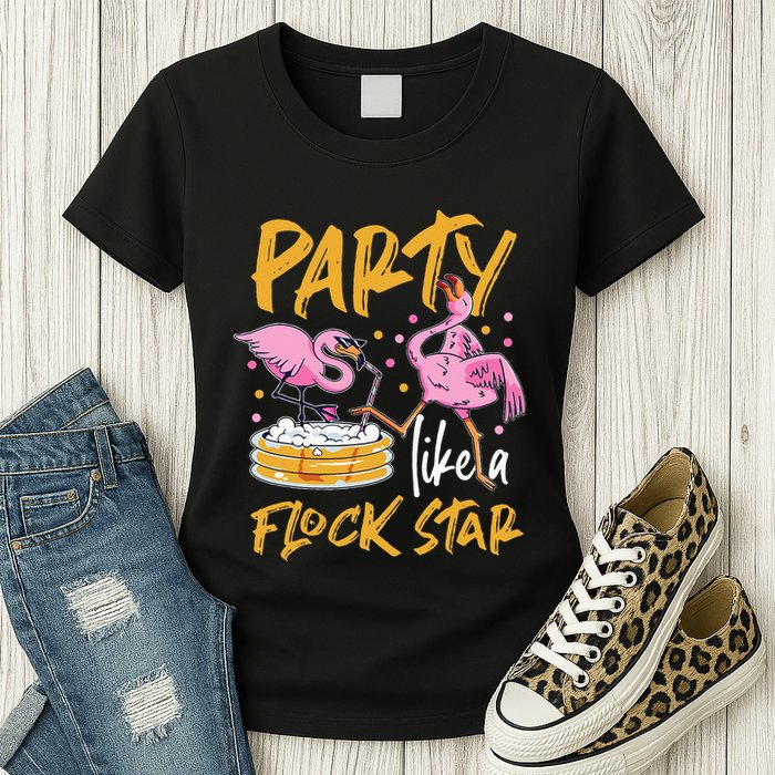 Party Like A Flock Star Flamingos In Kiddie Pool Womens T-Shirt
