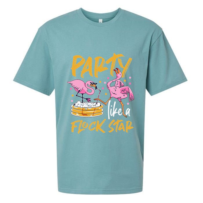 Party Like A Flock Star Flamingos In Kiddie Pool Sueded Cloud Jersey T-Shirt