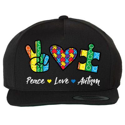 Peace Love Autism Puzzle Awareness Wool Snapback Cap