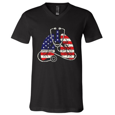 Patriotic Lungs American Flag Respiratory Therapist V-Neck T-Shirt