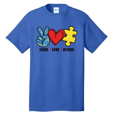 Peace Love And Autism Special Needs Warrior Puzzle Piece Gift Tall T-Shirt