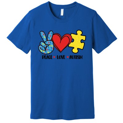 Peace Love And Autism Special Needs Warrior Puzzle Piece Gift Premium T-Shirt