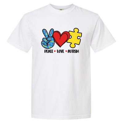 Peace Love And Autism Special Needs Warrior Puzzle Piece Gift Garment-Dyed Heavyweight T-Shirt