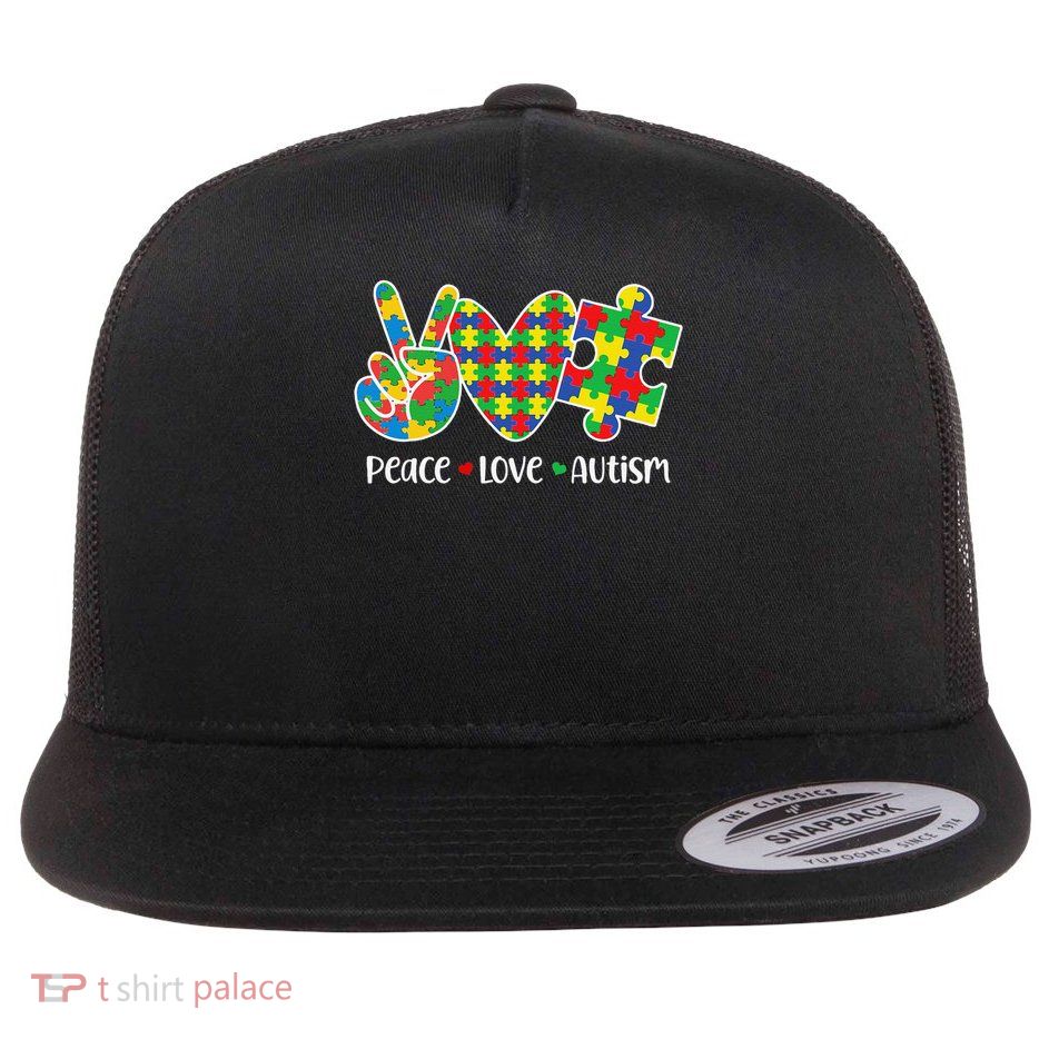 Peace Love Autism In April We Wear Blue Autism Awareness Flatbill Hat