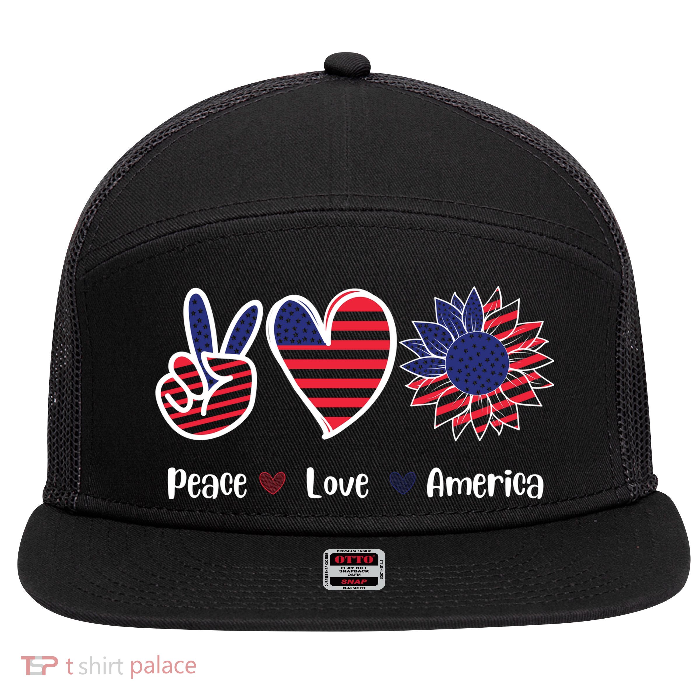 Peace Love America Cute Holiday 7 Panel Mesh Trucker Snapback Hat