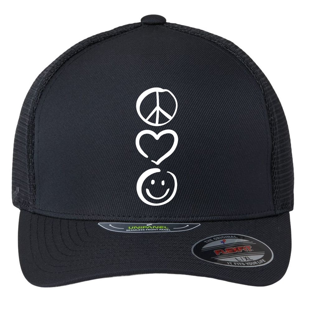 Peace Love And Happiness Peace Sign Heart Smile Flexfit Unipanel Trucker Cap