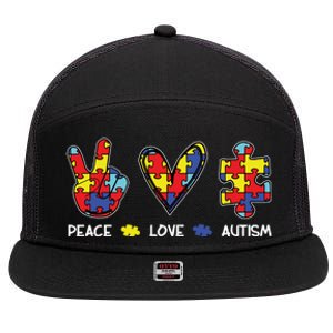 Peace Love Autism Awareness 7 Panel Mesh Trucker Snapback Hat