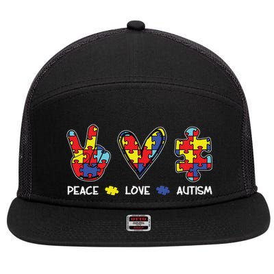 Peace Love Autism Awareness 7 Panel Mesh Trucker Snapback Hat