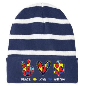 Peace Love Autism Awareness Striped Beanie with Solid Band