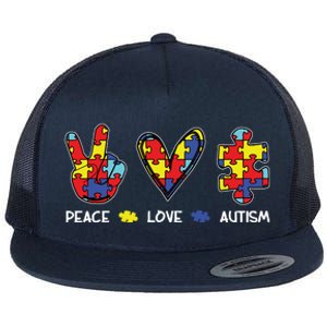 Peace Love Autism Awareness Flat Bill Trucker Hat