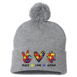 Peace Love Autism Awareness Pom Pom 12in Knit Beanie