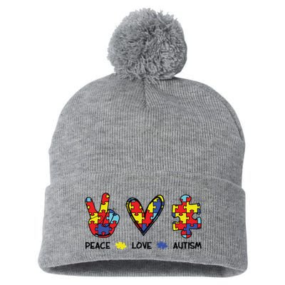 Peace Love Autism Awareness Pom Pom 12in Knit Beanie