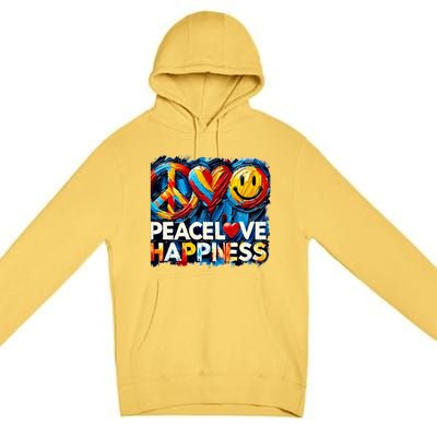 Peace Love And Happiness In Hippe Script Premium Pullover Hoodie