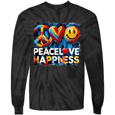 Peace Love And Happiness In Hippe Script Tie-Dye Long Sleeve Shirt