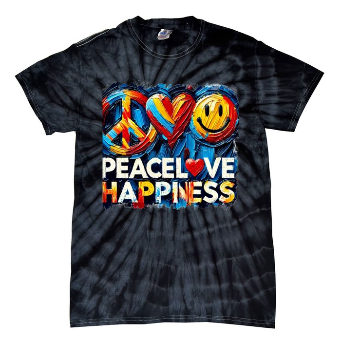 Peace Love And Happiness In Hippe Script Tie-Dye T-Shirt