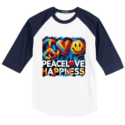 Peace Love And Happiness In Hippe Script Baseball Sleeve Shirt