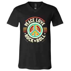 Peace Love And Rock And Roll Saying Rocker Motif V-Neck T-Shirt