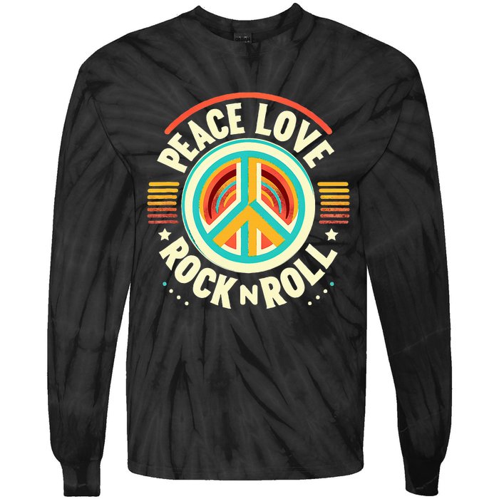 Peace Love And Rock And Roll Saying Rocker Motif Tie-Dye Long Sleeve Shirt