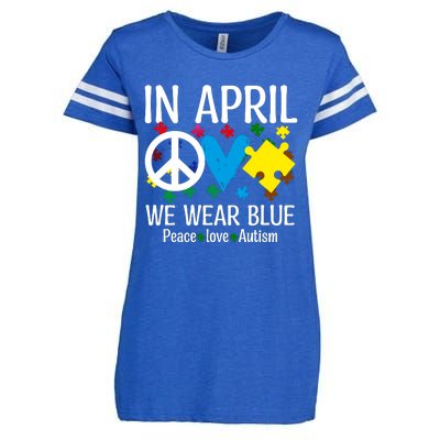 Peace Love Autism Awareness In April We Wear Blue Enza Ladies Jersey Football T-Shirt