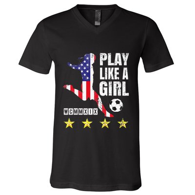 Play Like A Girl Soccer Usa United States V-Neck T-Shirt