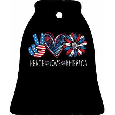 Peace Love America Daisy 4th July Patriotic US American Flag Ceramic Bell Ornament