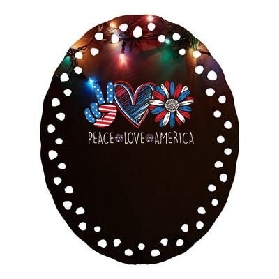 Peace Love America Daisy 4th July Patriotic US American Flag Ceramic Oval Ornament