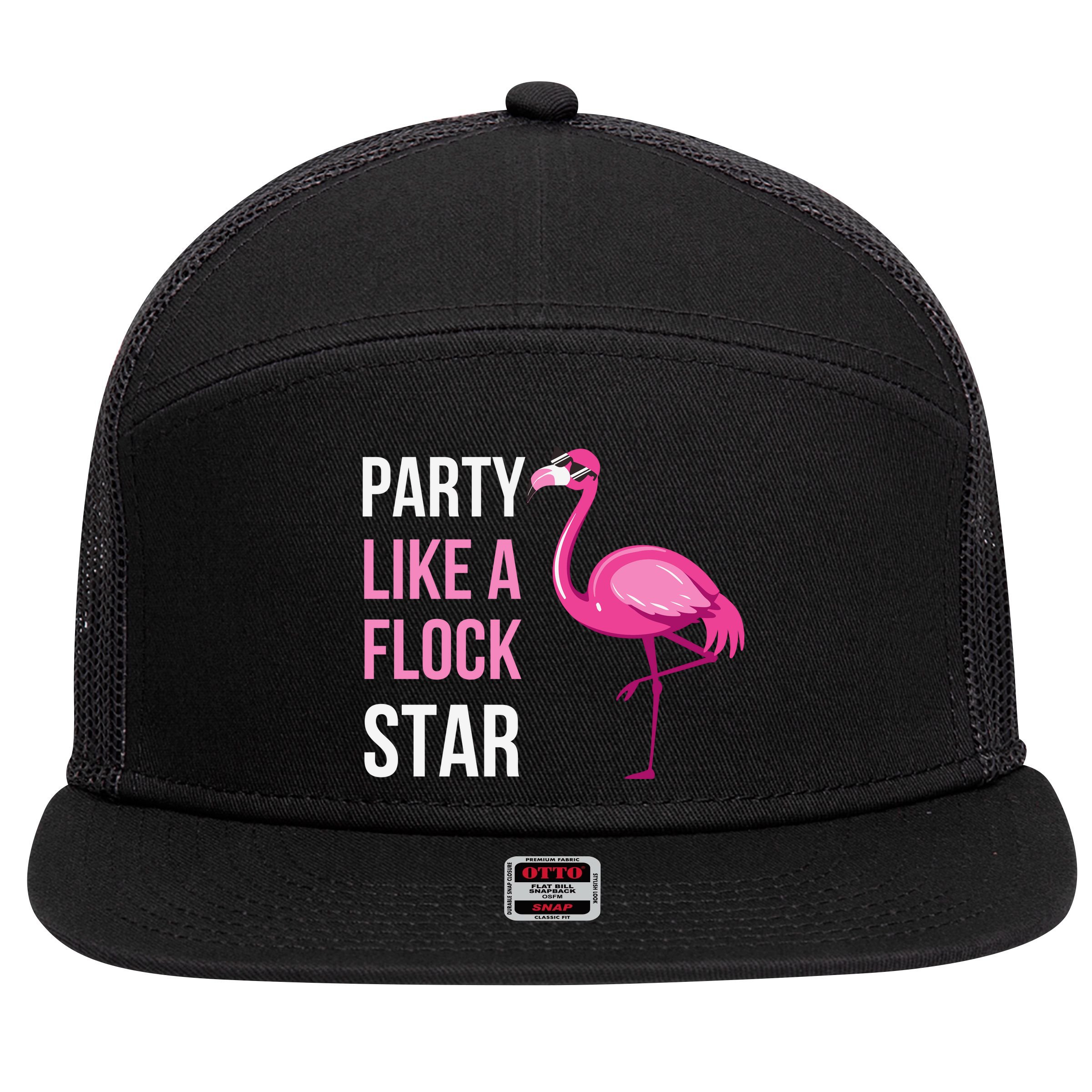 Party Like A Flock Star Pink Flamingo 7 Panel Mesh Trucker Snapback Hat