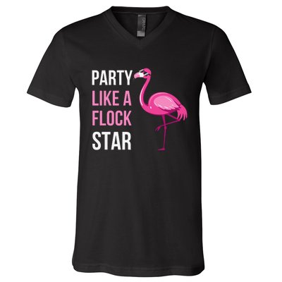 Party Like A Flock Star Pink Flamingo V-Neck T-Shirt