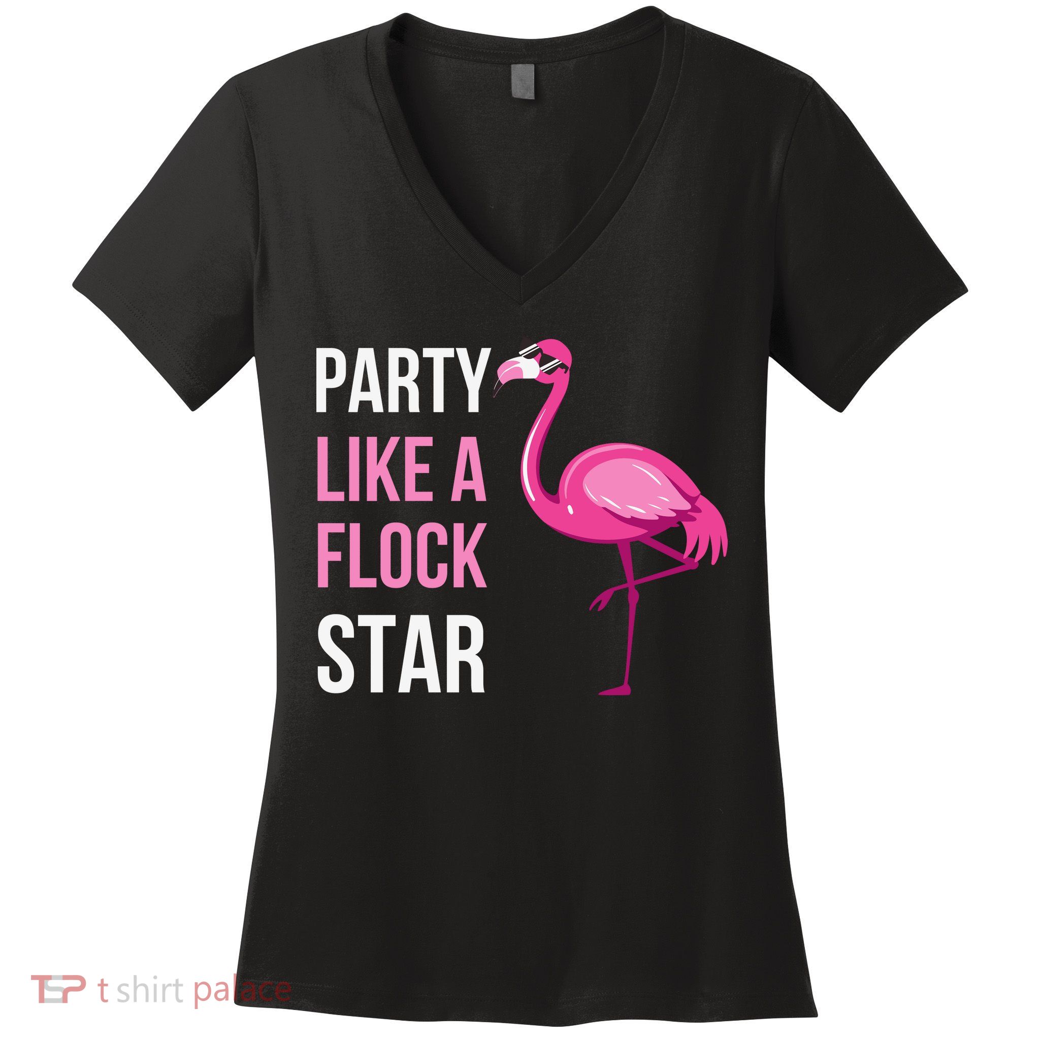 Party Like A Flock Star Pink Flamingo Women's V-Neck T-Shirt