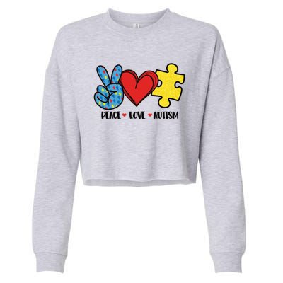 Peace Love And Autism Special Needs Warrior Puzzle Piece Gift Cropped Pullover Crew