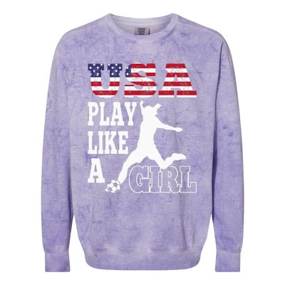 Play Like A Girl US American Flag Patriotic Soccer Colorblast Crewneck Sweatshirt