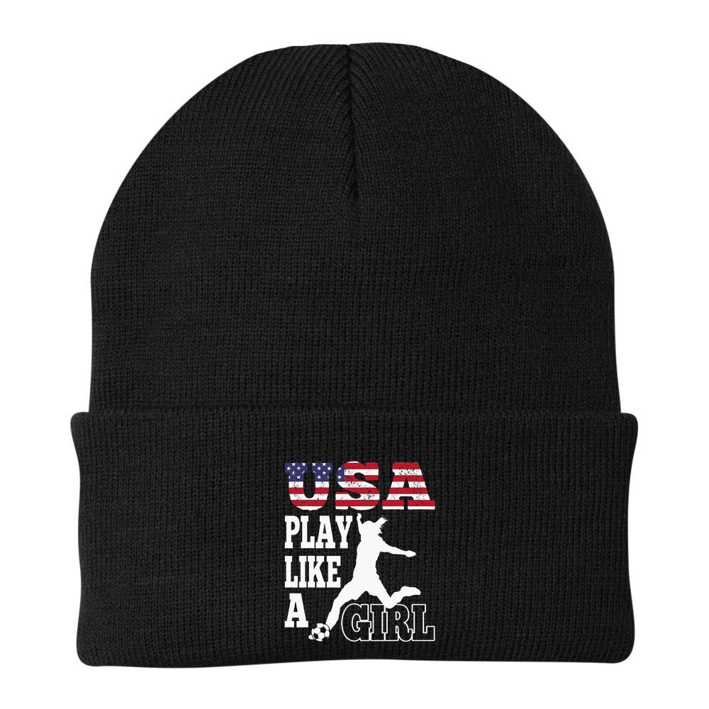 Play Like A Girl US American Flag Patriotic Soccer Beanie