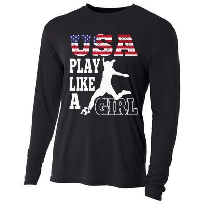 Play Like A Girl US American Flag Patriotic Soccer Cooling Performance Long Sleeve Crew