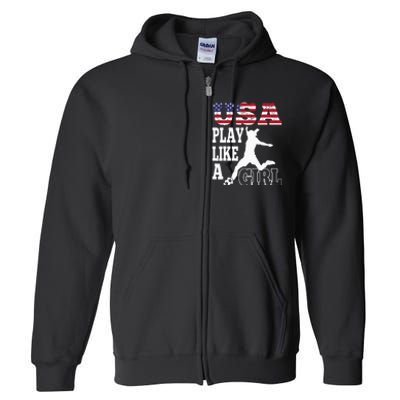 Play Like A Girl US American Flag Patriotic Soccer Full Zip Hoodie