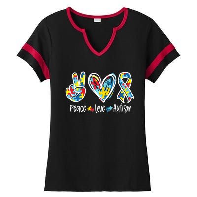 Peace Love Autism Tee Support Autism Awareness Puzzle Ladies Halftime Notch Neck Tee