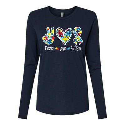 Peace Love Autism Tee Support Autism Awareness Puzzle Womens Cotton Relaxed Long Sleeve T-Shirt