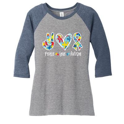 Peace Love Autism Tee Support Autism Awareness Puzzle Women's Tri-Blend 3/4-Sleeve Raglan Shirt