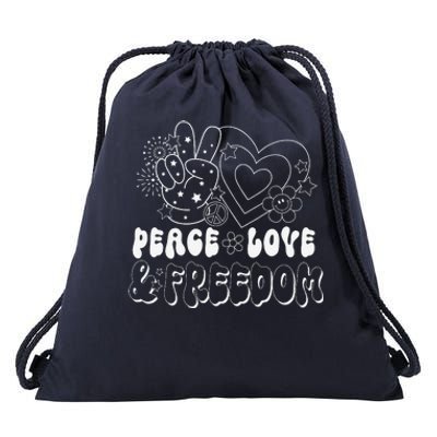 Peace Love America US Flag Groovy Freedom Day 4th Of July Drawstring Bag