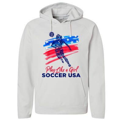 Play Like A Girl USA Soccer Team USA Womens Football Performance Fleece Hoodie