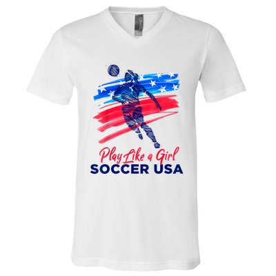 Play Like A Girl USA Soccer Team USA Womens Football V-Neck T-Shirt