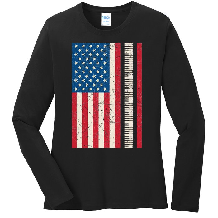 Piano Lover American Flag Patriotic Players Pianist Gift Ladies Long Sleeve Shirt