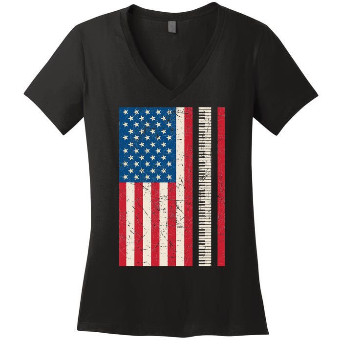 Piano Lover American Flag Patriotic Players Pianist Gift Women's V-Neck T-Shirt