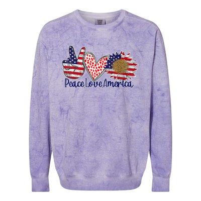 Peace Love America 4th July Patriotic Sunflower Heart Sign Cool Gift Colorblast Crewneck Sweatshirt