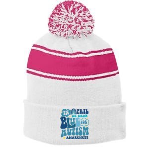 Peace Love Autism In April We Wear Blue For Autism Awareness Stripe Pom Pom Beanie