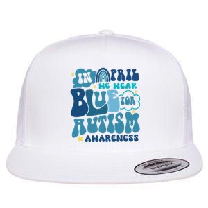 Peace Love Autism In April We Wear Blue For Autism Awareness Flat Bill Trucker Hat